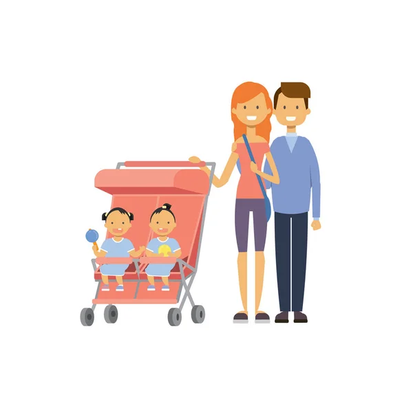 Vater Mutter Baby Zwillinge doppelte rosa Kinderwagen voller Länge Avatar auf weißem Hintergrund, erfolgreiches Familienkonzept, flache Karikatur — Stockvektor