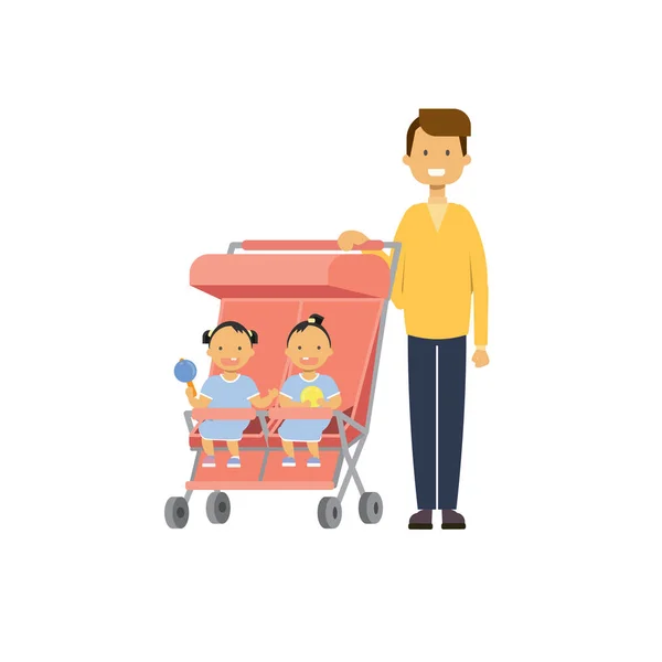 父亲婴孩姐妹兄弟双胞胎双童车全长头像上白色背景, 成功的家庭概念, 平面动画片 — 图库矢量图片