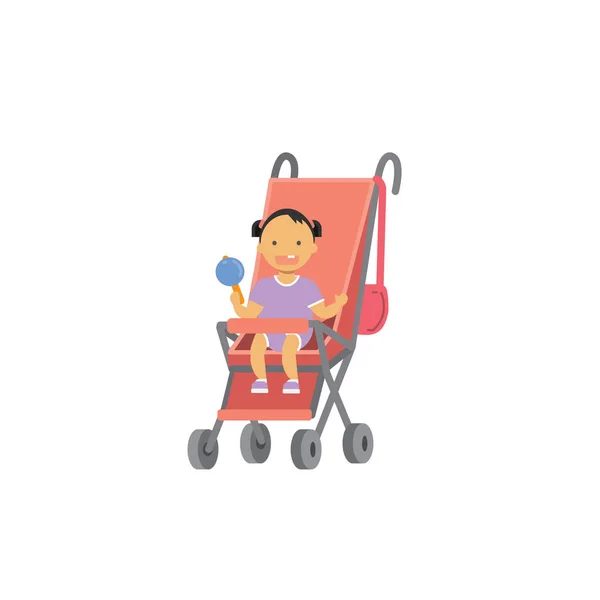 Dziewczynka z zabawka różowy wózek pełnej długości avatar na białym tle, udanej koncepcji rodziny, płaskie kreskówka — Wektor stockowy