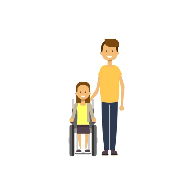 Far dotter rullstol full längd avatar på vit bakgrund, framgångsrika familjen koncept, platt tecknad — Stock vektor