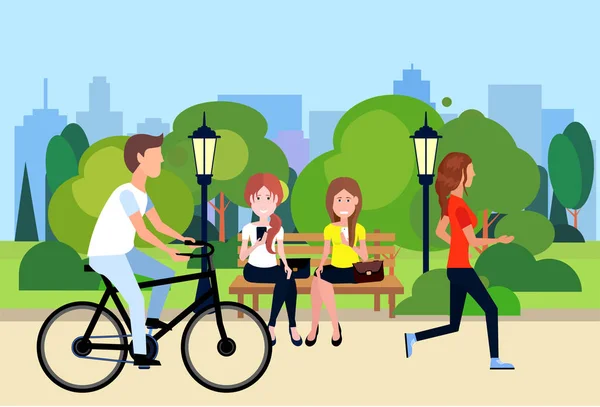 Public urban park woman man sitting wooden bench outdoors walking cycling running green lawn trees on city buildings template background flat — Stock Vector