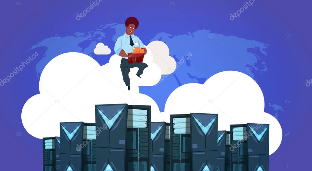 african man with tablet on data storage cloud synchronization center with hosting servers and staff. Computer technology, network and database, internet center, communication support, flat