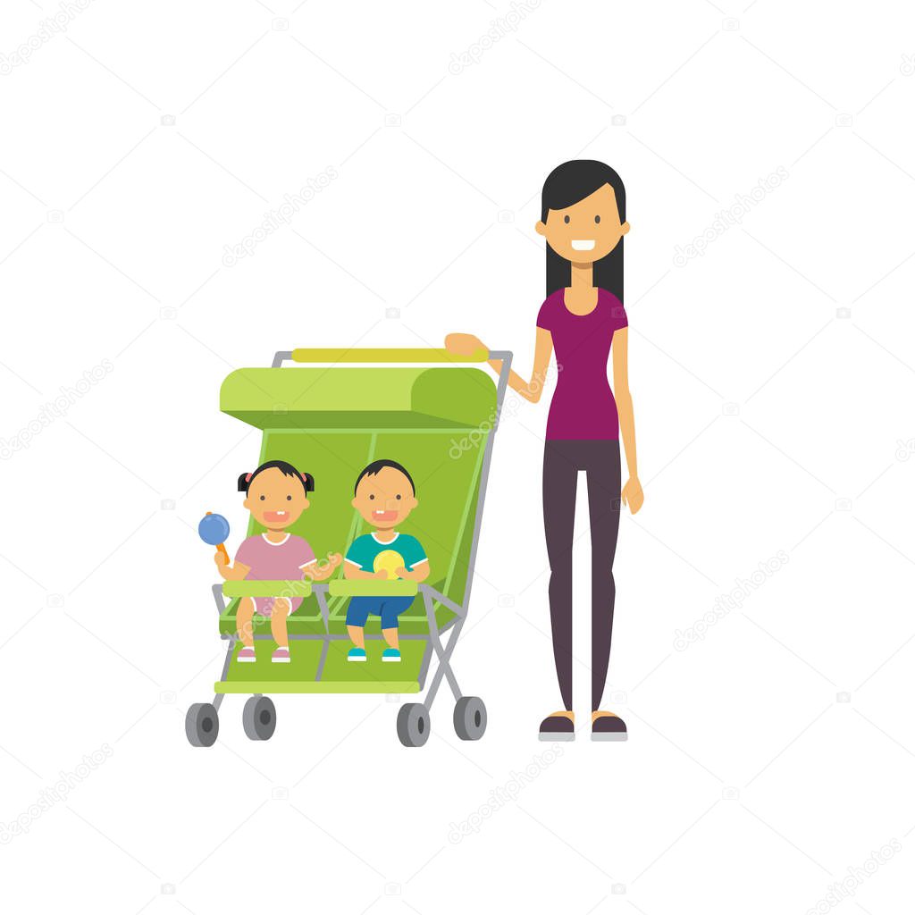 mother baby sister brother twins double green stroller full length avatar on white background, successful family concept, flat cartoon