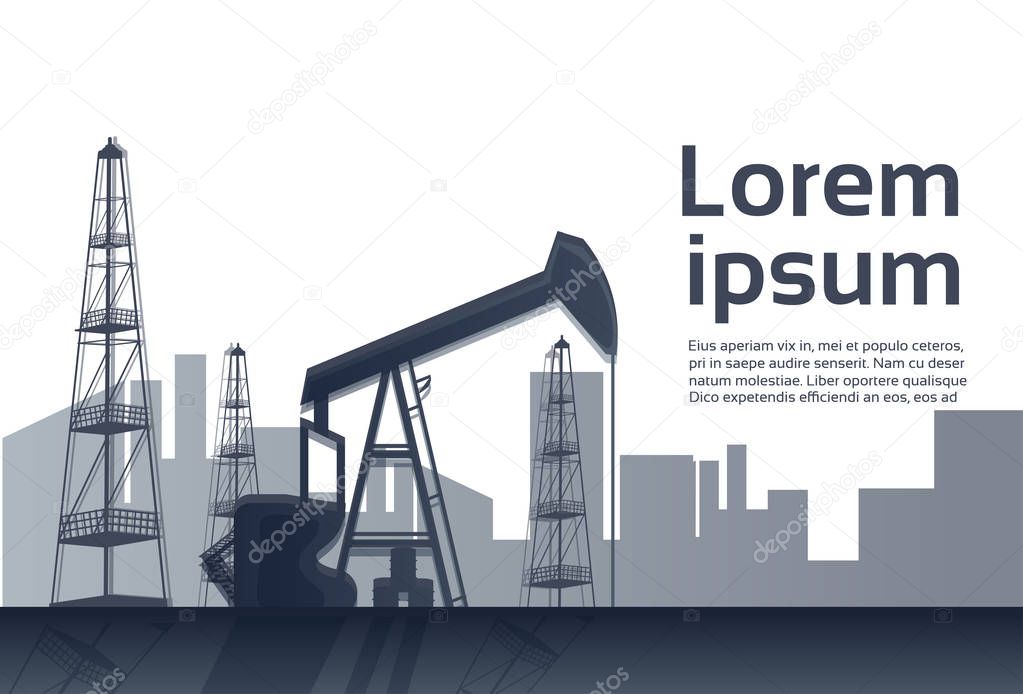 Factory building nature air pollution plant pipe waste. silhouette of an oil drilling rig on white background. banner. flat copy space