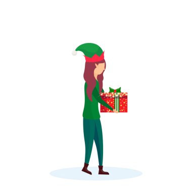 Noel kız taşımak hediye kutusu elf santa yardımcı kavramı düz tam uzunlukta izole kadın çizgi film karakteri