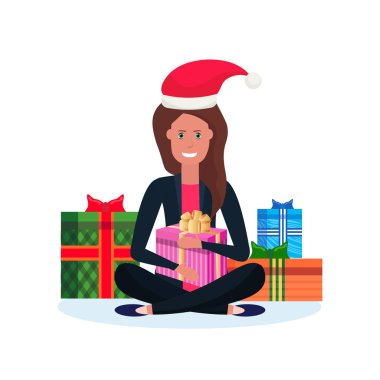 Lotus poz Hediyelik Dekorasyon yılbaşı neşeli Noel kavramı kutu düz kadın oturan kadın kırmızı şapka karikatür karakter izole