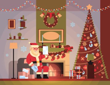 oturma odasında Noel Baba Noel yılbaşı tatil sit koltuk çam ağacı şömine okuma mektup dilek listesi ev iç kavramı için düz dekore edilmiştir.