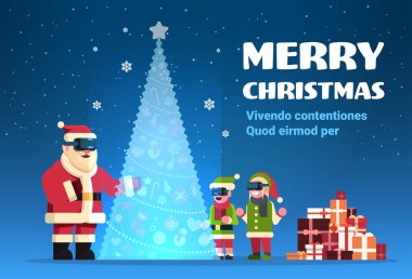 Noel Baba gözlüklü sanal gerçeklik köknar ağacı neşeli Noel mutlu yeni yıl tatil kavramı düz yatay seyir elfler aşınma dijital