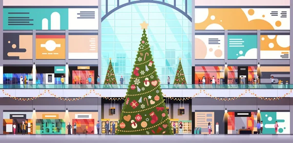 Centro comercial moderno decorado para o Natal e conceito de feriado ano novo muitas pessoas grande loja de varejo interior horizontal plana — Vetor de Stock