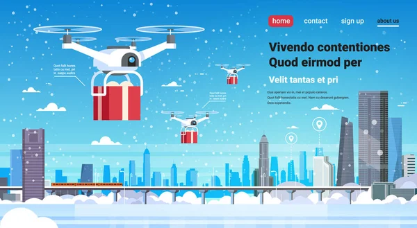 Quadcopter drone gift box present delivery service happy new year merry christmas concept monorail cityscape background flat horizontal copy space — стоковый вектор