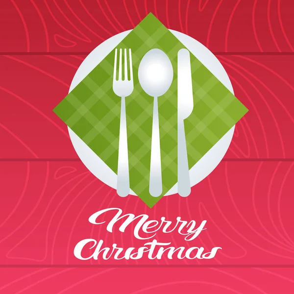 Feliz Navidad mesa con plato cuchara tenedor cuchillo vacaciones decoración concepto plano — Vector de stock