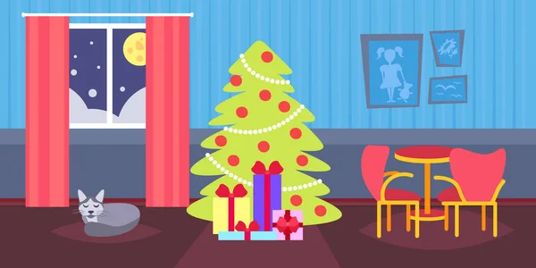 Noite sala de estar decorada Feliz Natal feliz ano novo pinheiro dormindo gato casa decoração interior inverno férias conceito plana horizontal — Vetor de Stock