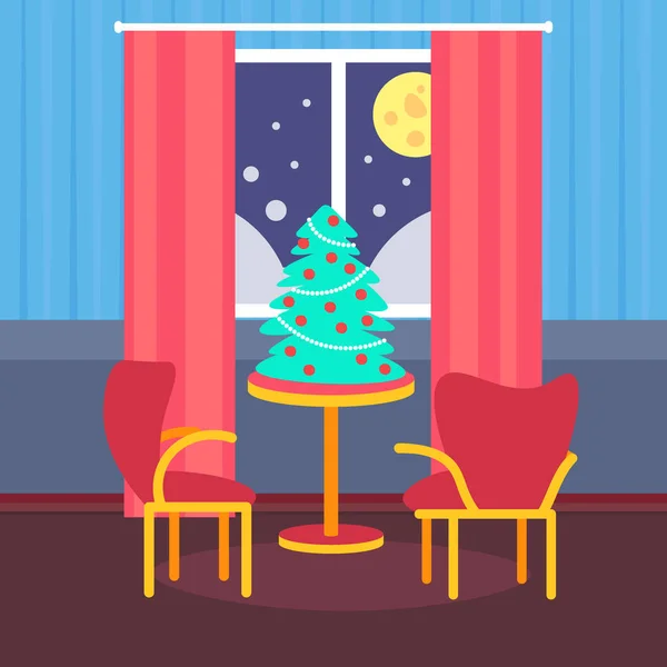 Noite sala de estar decorada Feliz Natal feliz ano novo pinheiro na mesa casa decoração interior inverno férias conceito plano — Vetor de Stock