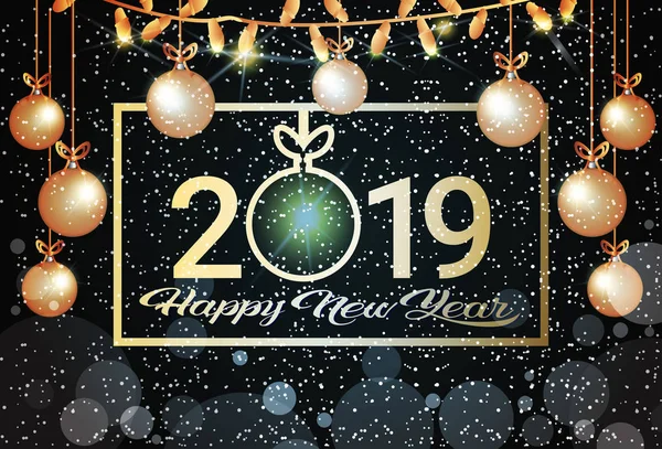 Feliz Navidad feliz año nuevo 2019 concepto bolas de oro luces decoración tarjeta de felicitación horizontal — Vector de stock