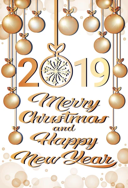 Feliz Navidad feliz año nuevo 2019 concepto bolas de oro copos de nieve decoración tarjeta de felicitación vertical — Vector de stock