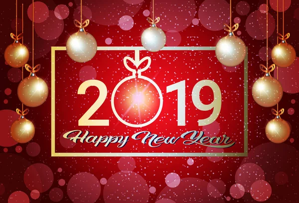 Feliz Navidad feliz año nuevo 2019 concepto bolas de oro decoración tarjeta de felicitación rojo fondo horizontal — Vector de stock