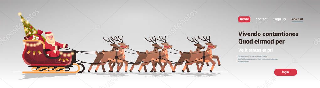 Santa in sleigh with reindeers merry christmas happy new year greeting card winter holidays concept isolated horizontal flat copy space