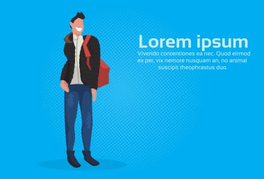 giyen kış giyim erkek çizgi film karakteri tam uzunlukta mavi arka plan tam kopyaya alan yatay dostum