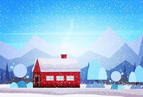 Dom zima fir drzewa lasu śniegu zalesionej góry krajobraz Wesołych szczęśliwego nowego roku koncepcja życzeniami pocztówki świąteczne płaskiej, poziomej — Wektor stockowy