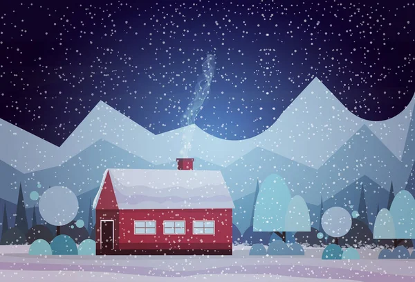 Ház téli fenyő fa erdei havazás erdős hegyvidéki táj vidám karácsonyi boldog új évet koncepció üdvözlőlap képeslap sík és vízszintes — Stock Vector