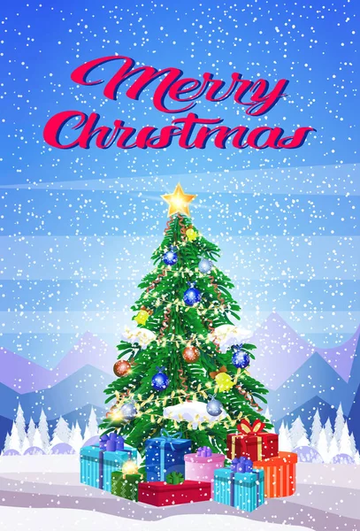 FIR tree inredda färgglada bollar lampor gåva lådor gott nytt år merry christmas koncept platta snöfall skog landskap bakgrund vertikala — Stock vektor