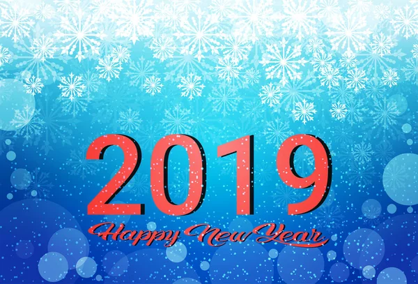 Feliz invierno vacaciones 2019 fondo brillantes copos de nieve en azul año nuevo decoración diseño horizontal — Vector de stock
