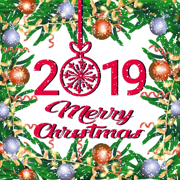 Veselé Vánoce, šťastný nový rok 2019 větve jedle zdobené barevnými svítidly koule plochá — Stockový vektor