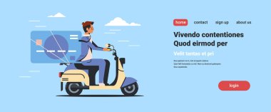işadamı binme scooter kredi kartı online bankacılık elektronik ödeme kavramı ile düz yatay kopya alanı izole