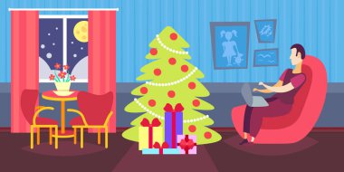 oturma odasında dizüstü bilgisayar kullanan adam neşeli Noel mutlu yeni yıl kış tatil kavramı köknar ağacı ev iç dekorasyon düz yatay dekore edilmiştir.