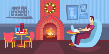 oturma odası dekore edilmiş şömine neşeli Noel mutlu yeni yıl kış tatil kavramı ev iç düz yatay dizüstü bilgisayar kullanan adam