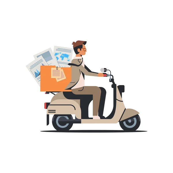 Homme d'affaires équitation scooter avec des documents papier rapports finance graphique analyse financière concept isolé plat — Image vectorielle