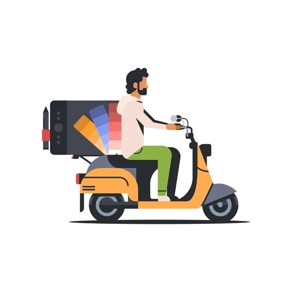 Homme concepteur équitation scooter avec tablette graphique professionnel dessin concept informatique isolé plat — Image vectorielle