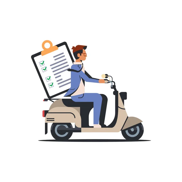 Hombre de negocios montar scooter con lista de verificación portapapeles objetivo lograr concepto aislado plano — Vector de stock