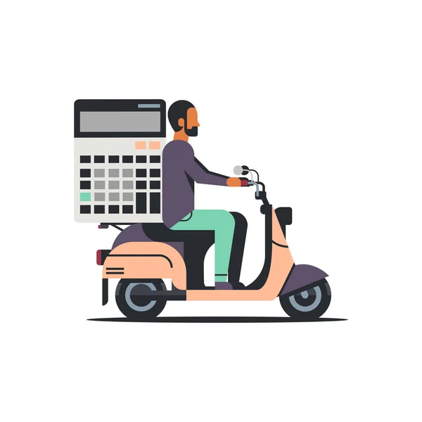 Homme Comptable Équitation Scooter Avec Calculatrice Finance Analyse Concept Isolé — Image vectorielle