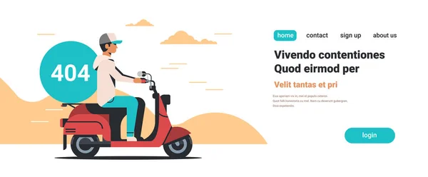 Hombre mensajero montar scooter con error no encontrado 404 roto icono de la computadora concepto aislado plano horizontal espacio de copia — Archivo Imágenes Vectoriales