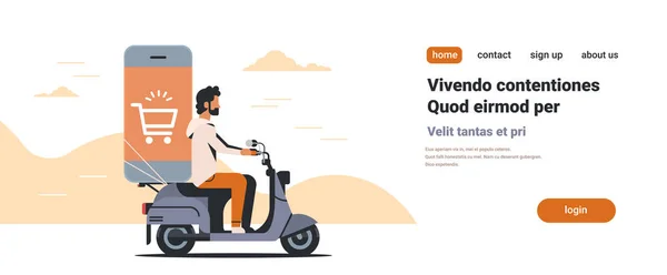 Man rider scooter med mobilapplikationen online shopping koncept isolerad platta horisontella kopia utrymme — Stock vektor