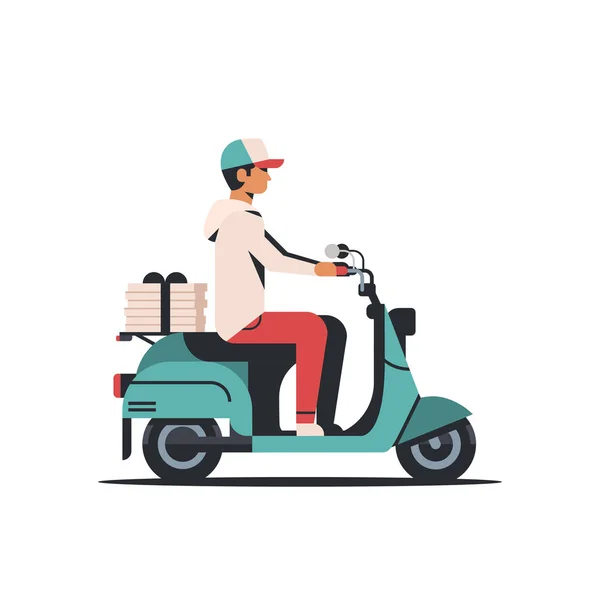 Homme coursier équitation scooter avec boîtes à pizza fast food concept de service isolé plat — Image vectorielle