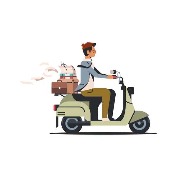 Homme d'affaires équitation scooter avec papiers de bureau d'affaires dossiers boîte concept de dossier isolé plat — Image vectorielle