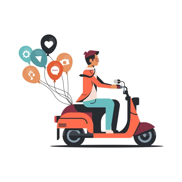 Man rider scooter med sociala medier färgglada ballonger digitala marknadsföringskoncept isolerad platta — Stock vektor