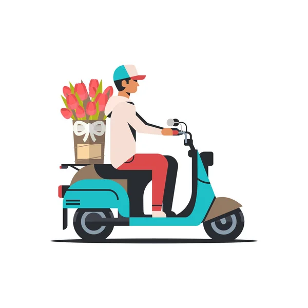 Homme courier équitation scooter avec bouquet international femmes jour concept de livraison de fleurs isolé plat — Image vectorielle