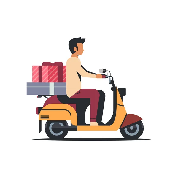 Mannen courier Rider scooter med gåva rutan nuvarande holiday fest konceptet isolerad platta — Stock vektor
