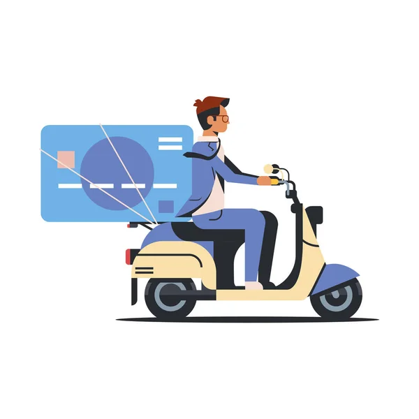Uomo d'affari guida scooter con carta di credito online banking concetto di pagamento elettronico isolato piatto — Vettoriale Stock