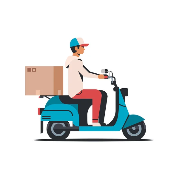 Hombre mensajero montar scooter con caja de cartón paquete entrega rápida concepto aislado plano — Vector de stock
