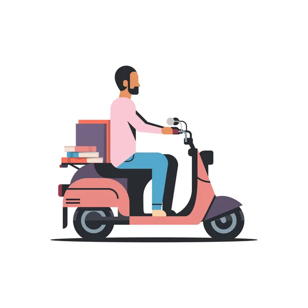 Бизнесмен на скутере с книжным стеком концепции образования изолированная квартира — стоковый вектор