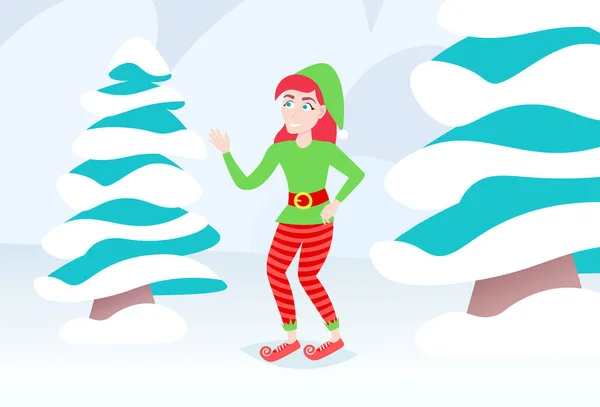 Feliz Navidad feliz año nuevo fiesta celebración concepto ondeando elfo chica santa helper invierno abeto nevado fondo longitud completa plana — Archivo Imágenes Vectoriales