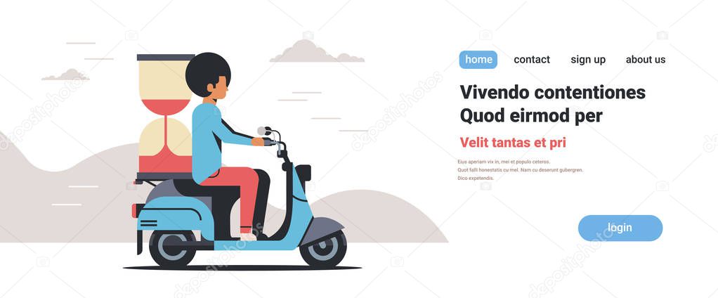 african american man riding scooter with sand watch deadline concept isolated flat copy space horizontal