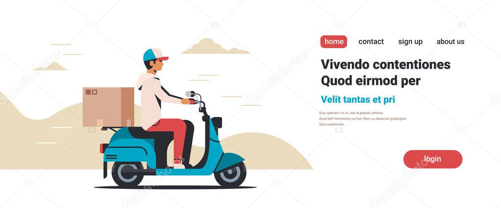 man courier riding scooter with parcel cardboard box fast delivery concept isolated flat horizontal copy space