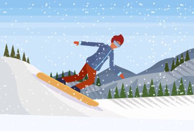 Snowboard adam kış tatili düz yatay snowboard karlı dağ köknar ağacı orman manzara arka plan sporcu kayar