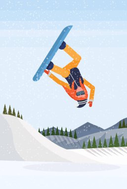 Snowboard kız karlı dağ köknar ağacı orman manzara arka plan sporcumuz snowboard kış tatili düz dikey atlama