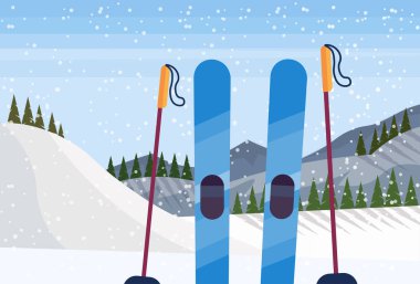 Kayak ekipmanları kış karlı dağ köknar ağacı orman manzara arka plan Kayak resort yatay düz